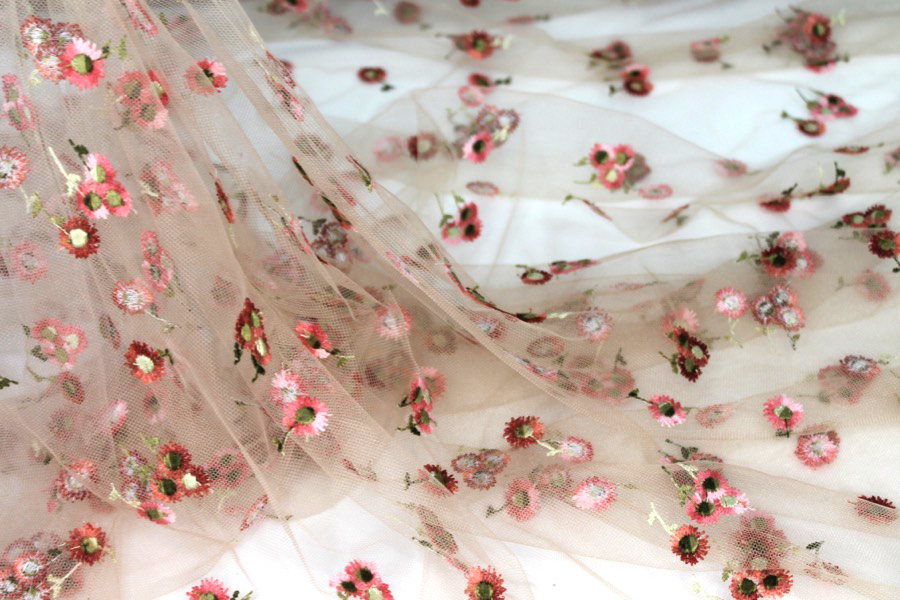 Floral Embroidered Daisies on Tulle - Amber and Pinks on Nude fabric, image 3 of 7