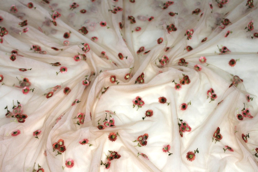 Floral Embroidered Daisies on Tulle - Amber and Pinks on Nude fabric, image 5 of 7
