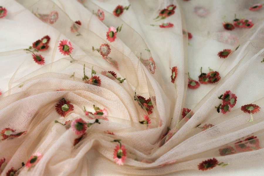 Floral Embroidered Daisies on Tulle - Amber and Pinks on Nude fabric, image 7 of 7