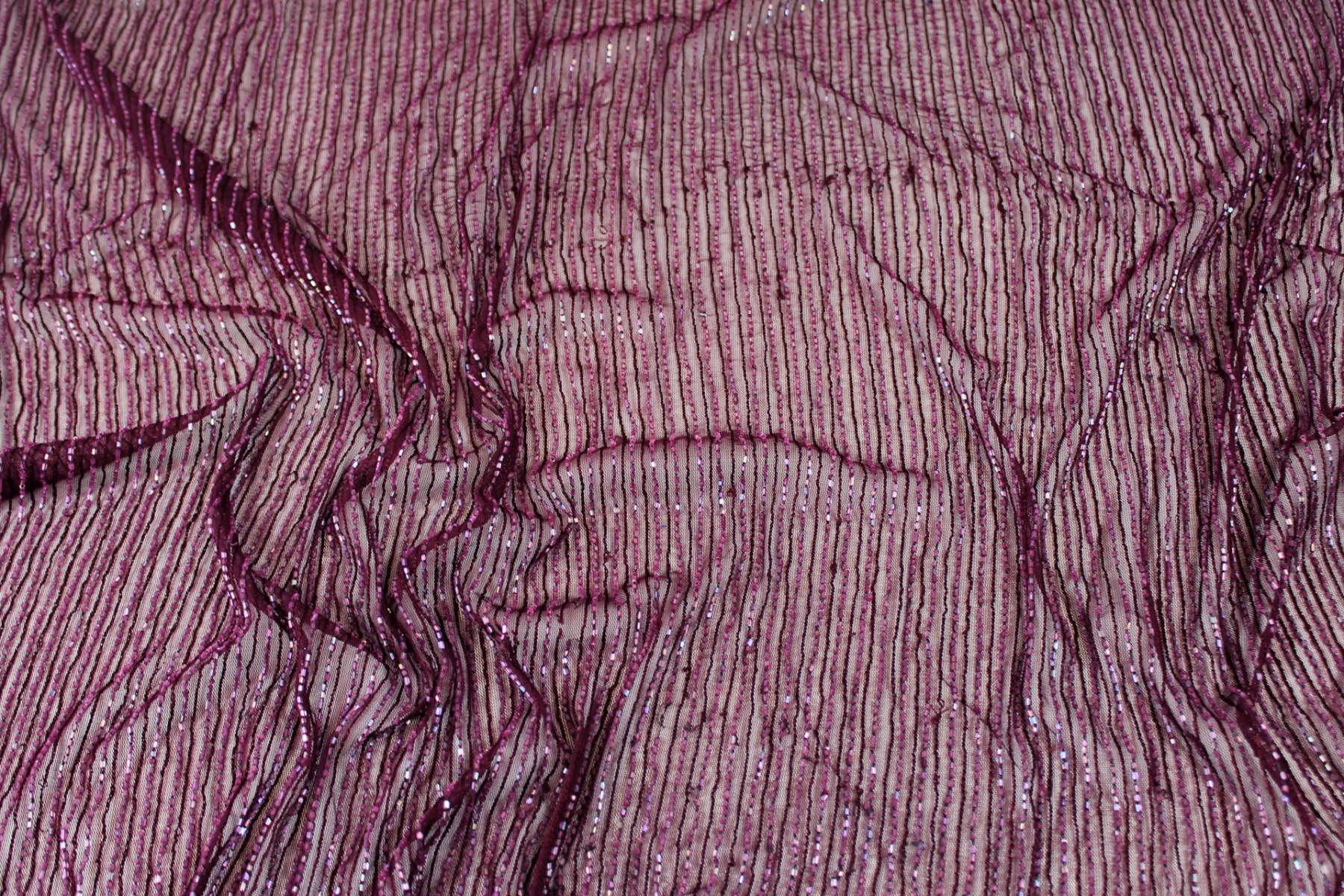 Purple tulle with purple embroidery and bugle bead stripes