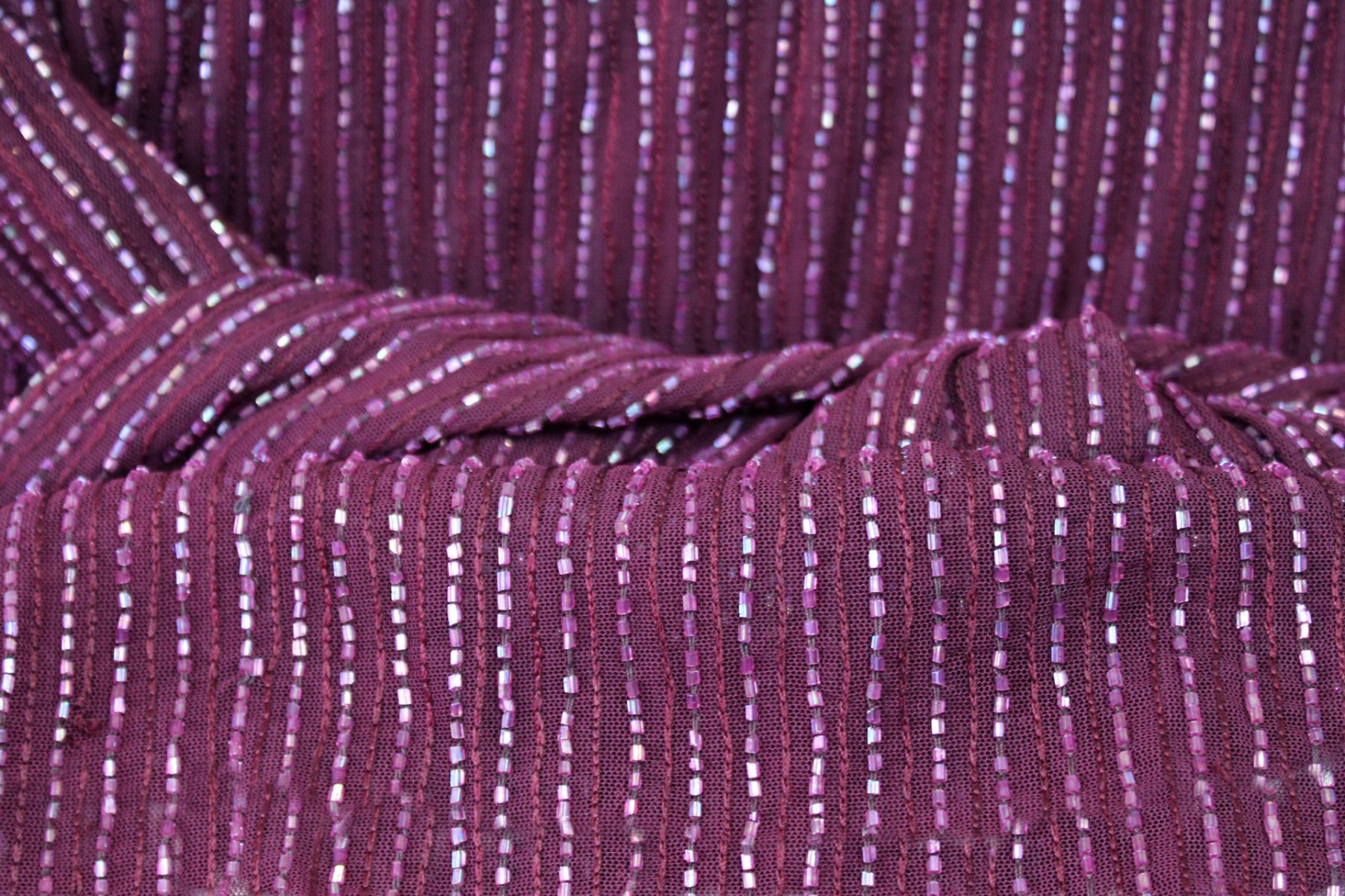 Purple tulle with purple embroidery and bugle bead stripes