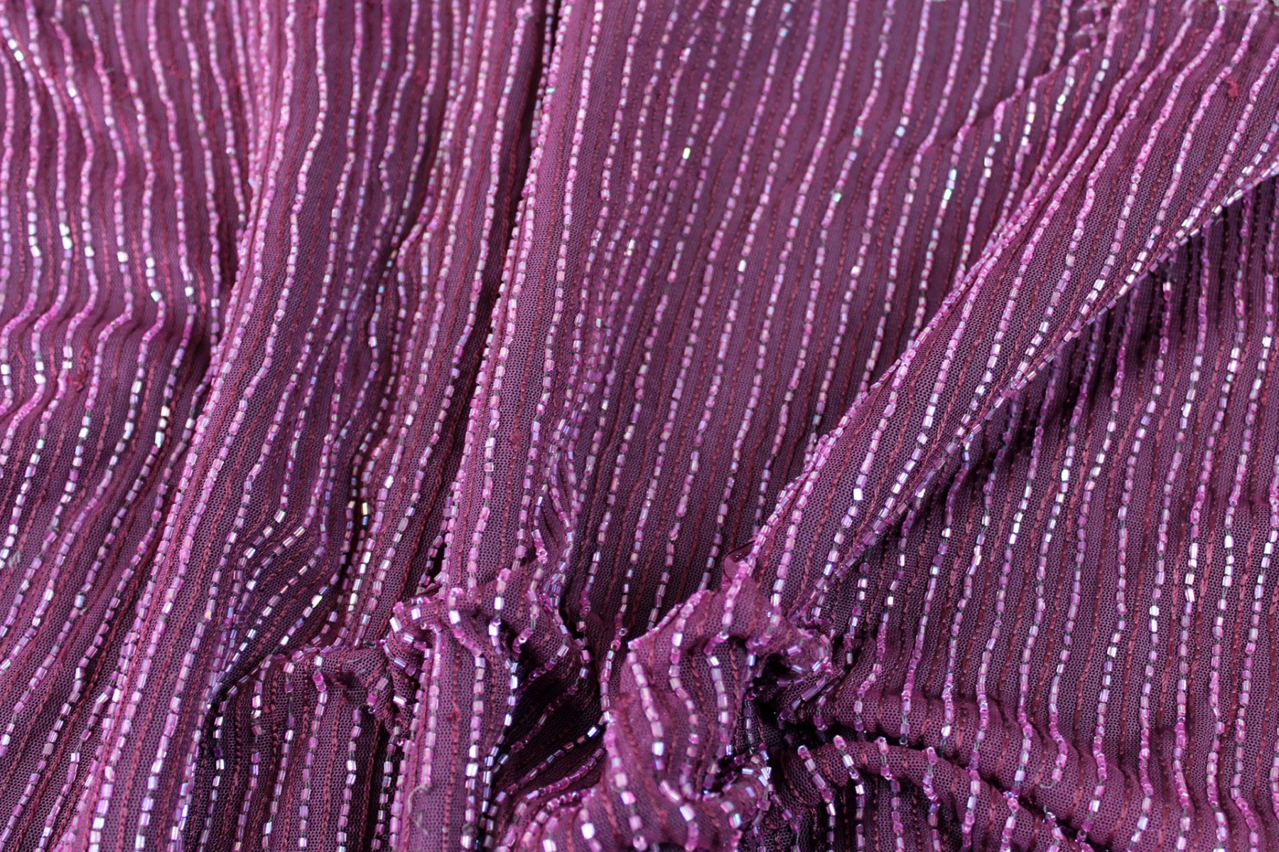Purple tulle with purple embroidery and bugle bead stripes
