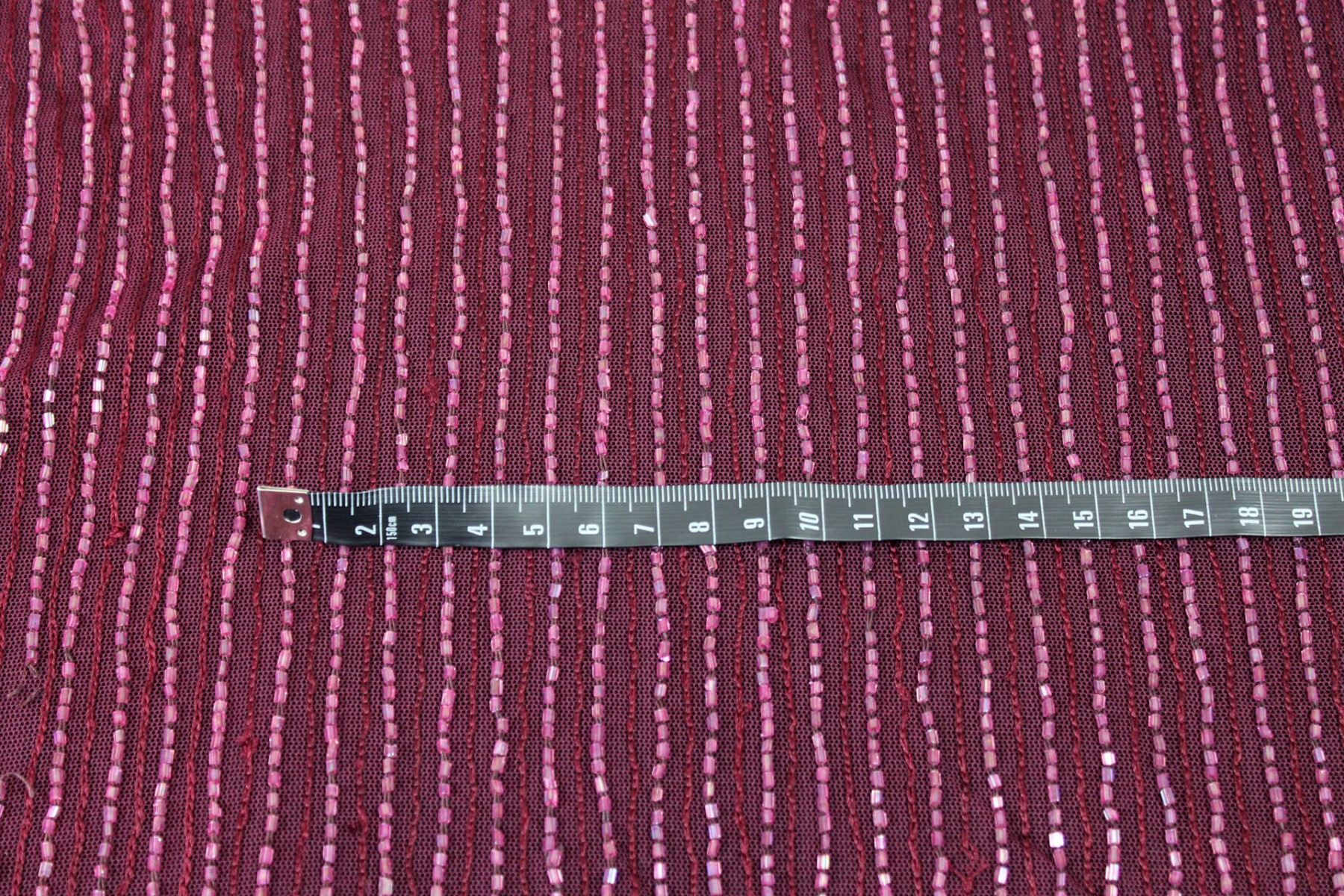 Purple tulle with purple embroidery and bugle bead stripes