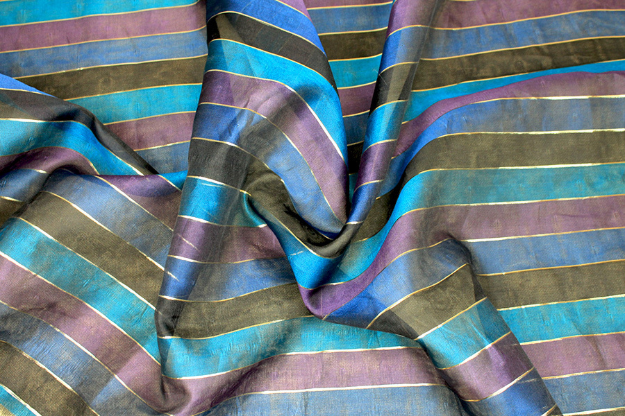 Double Layered Black Purple & Turquoise Silk Organza with Gold Lurex Stripe fabric, image 2 of 6