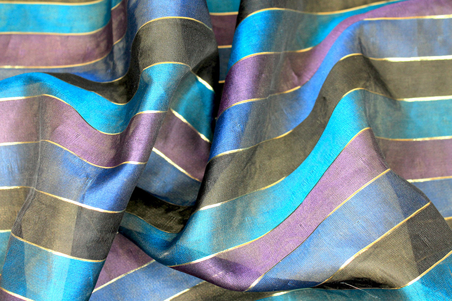 Double Layered Black Purple & Turquoise Silk Organza with Gold Lurex Stripe fabric, image 3 of 6