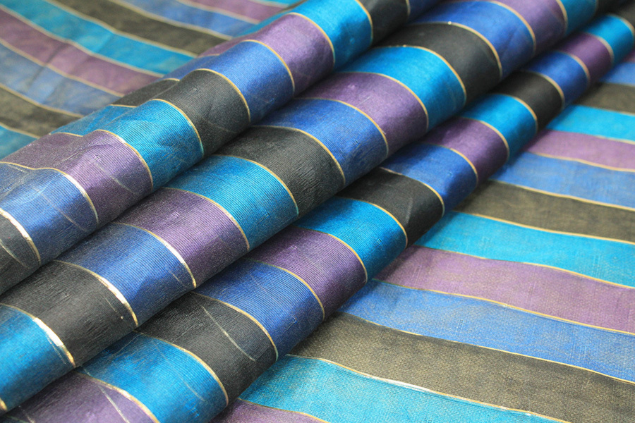 Double Layered Black Purple & Turquoise Silk Organza with Gold Lurex Stripe fabric, image 4 of 6