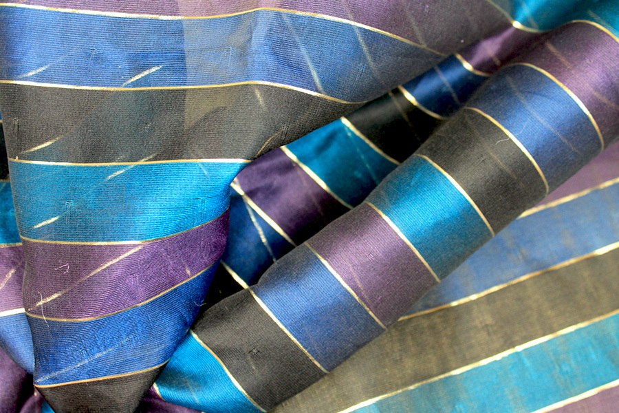 Double Layered Black Purple & Turquoise Silk Organza with Gold Lurex Stripe fabric, image 5 of 6