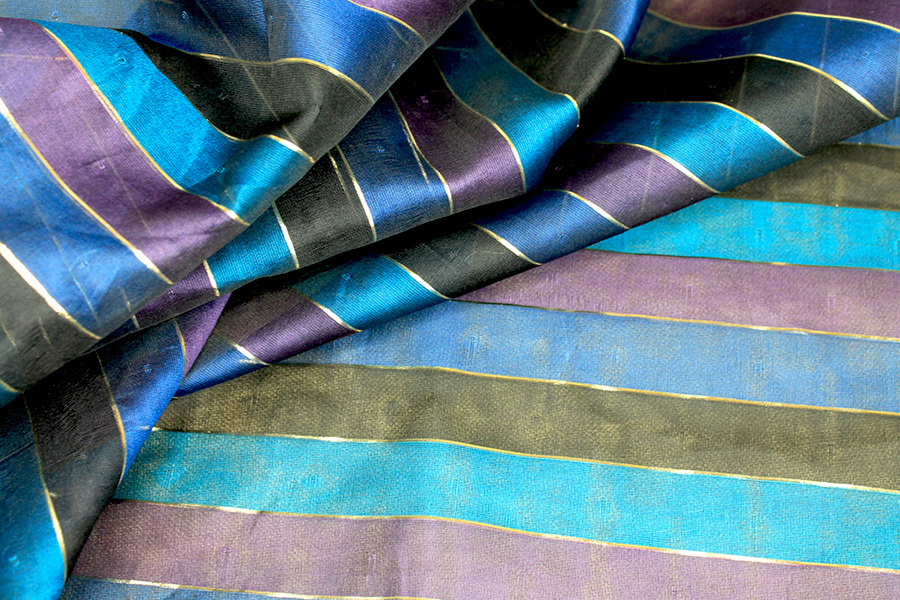 Double Layered Black Purple & Turquoise Silk Organza with Gold Lurex Stripe fabric, image 6 of 6