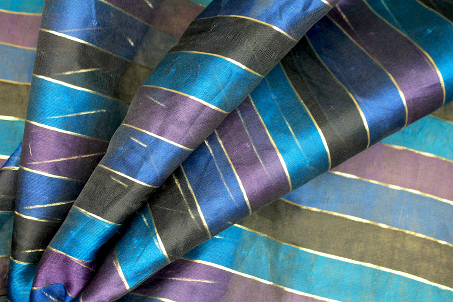 Double Layered Black Purple & Turquoise Silk Organza with Gold Lurex Stripe fabric