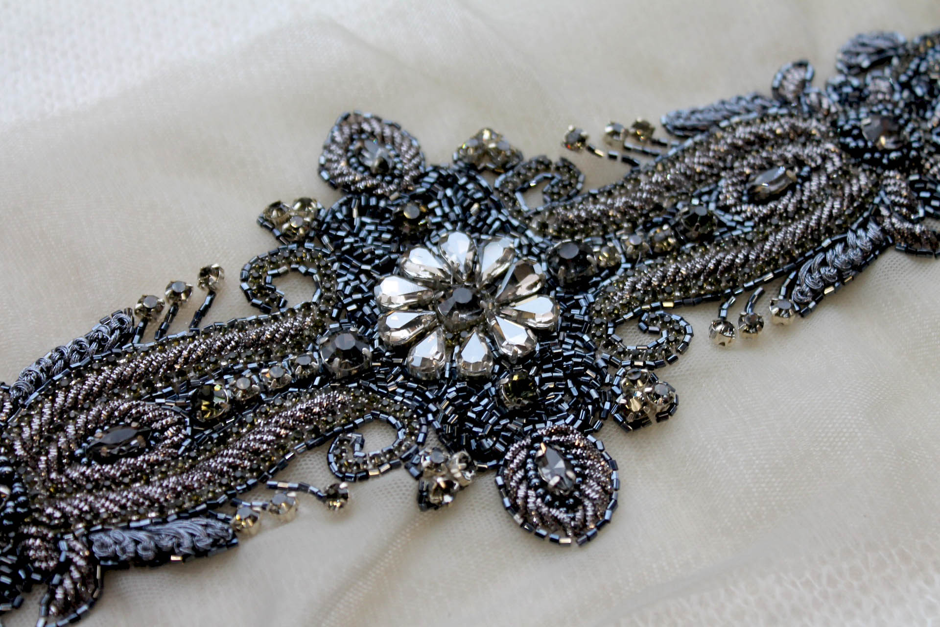 Beaded Diamante Belt Trim or Motif in Anthracite