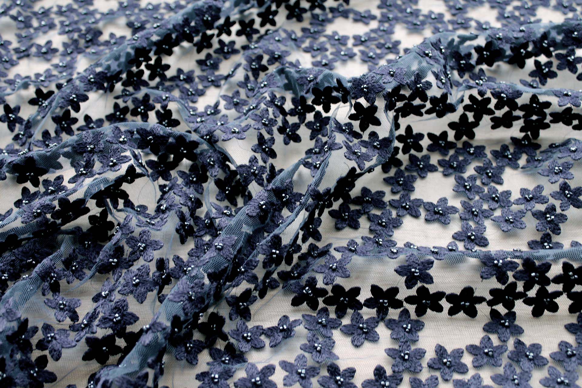 Beaded and Embroidered Flowers on Tulle - Navy fabric