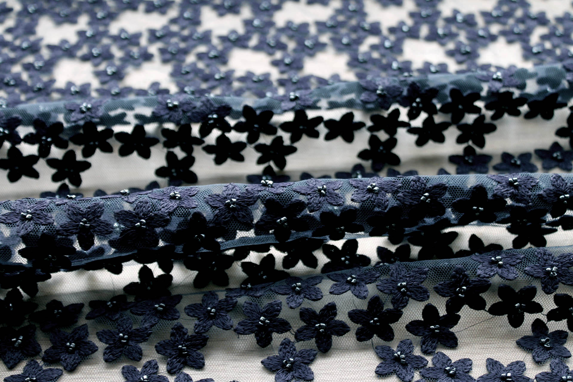 Beaded and Embroidered Flowers on Tulle - Navy - 0.3m Piece fabric, image 2 of 8