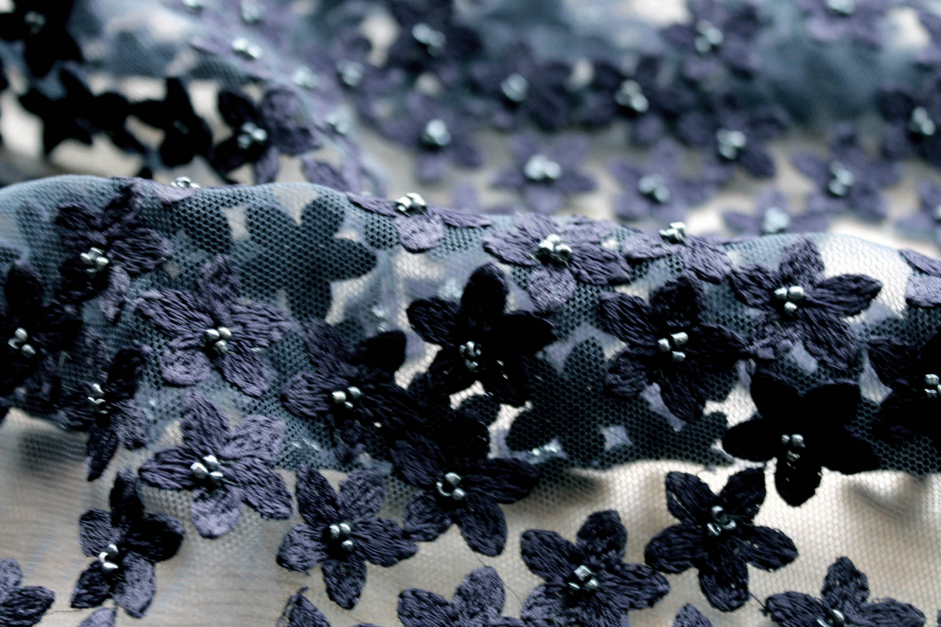 Beaded and Embroidered Flowers on Tulle - Navy fabric, image 3 of 8