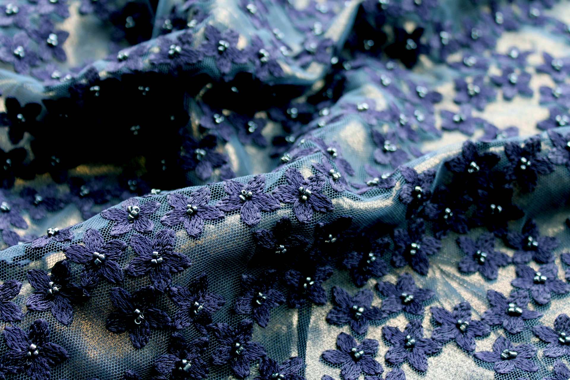 Beaded and Embroidered Flowers on Tulle - Navy - 0.3m Piece fabric, image 5 of 8