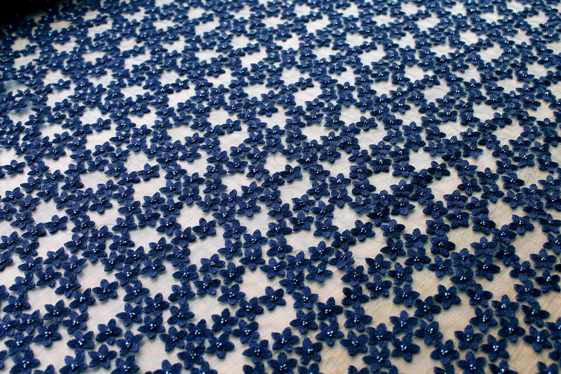 Beaded and Embroidered Flowers on Tulle - Navy - 0.3m Piece fabric, image 7 of 8