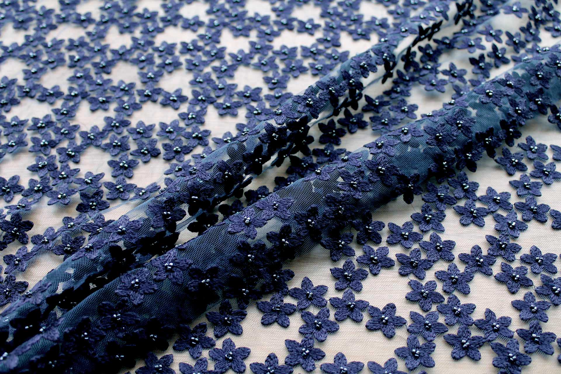 Beaded and Embroidered Flowers on Tulle - Navy fabric, image 8 of 8