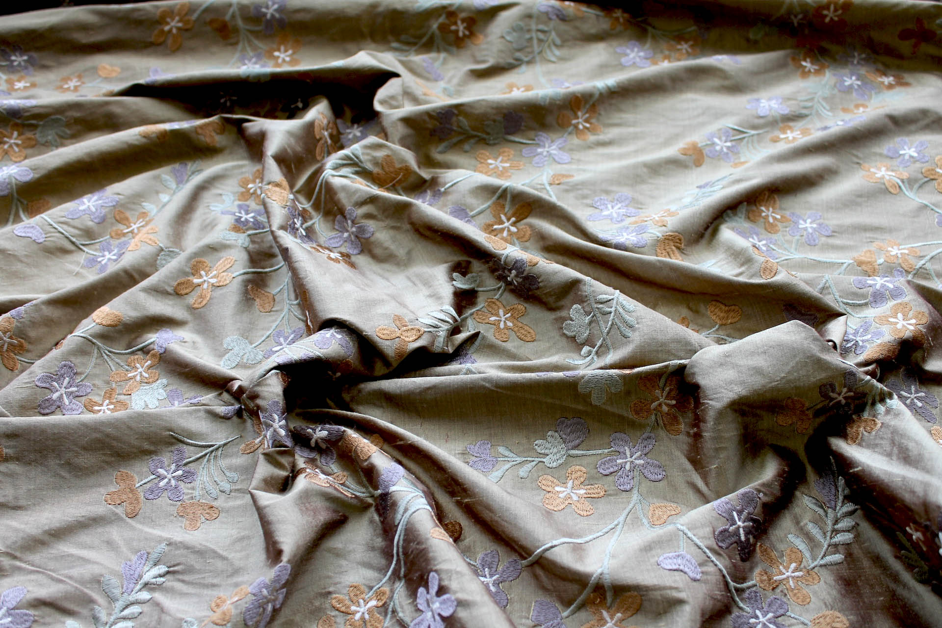 Floral Embroidered Silk Dupion - Golden fabric, image 4 of 8