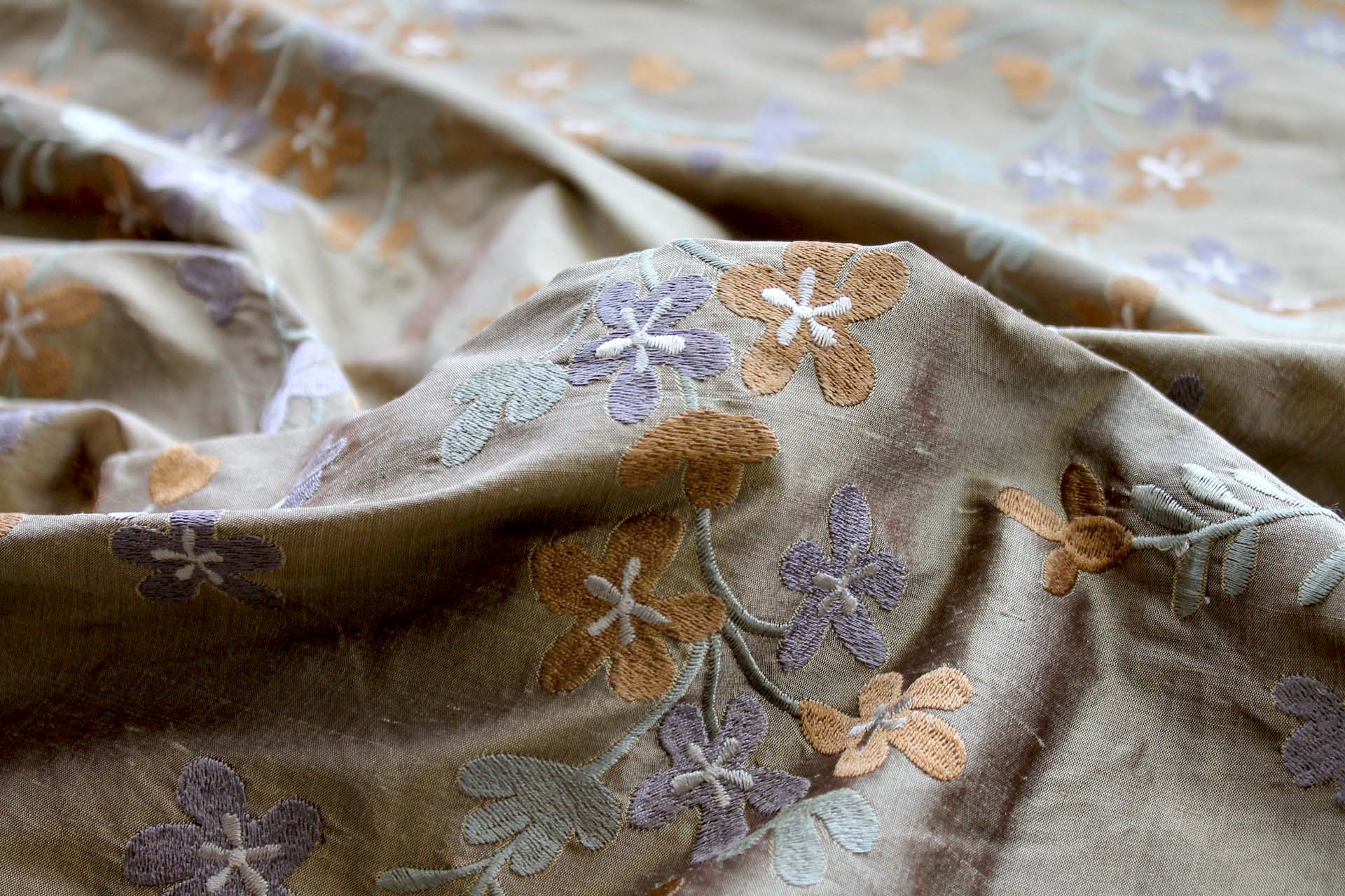 Floral Embroidered Silk Dupion - Golden fabric, image 5 of 8