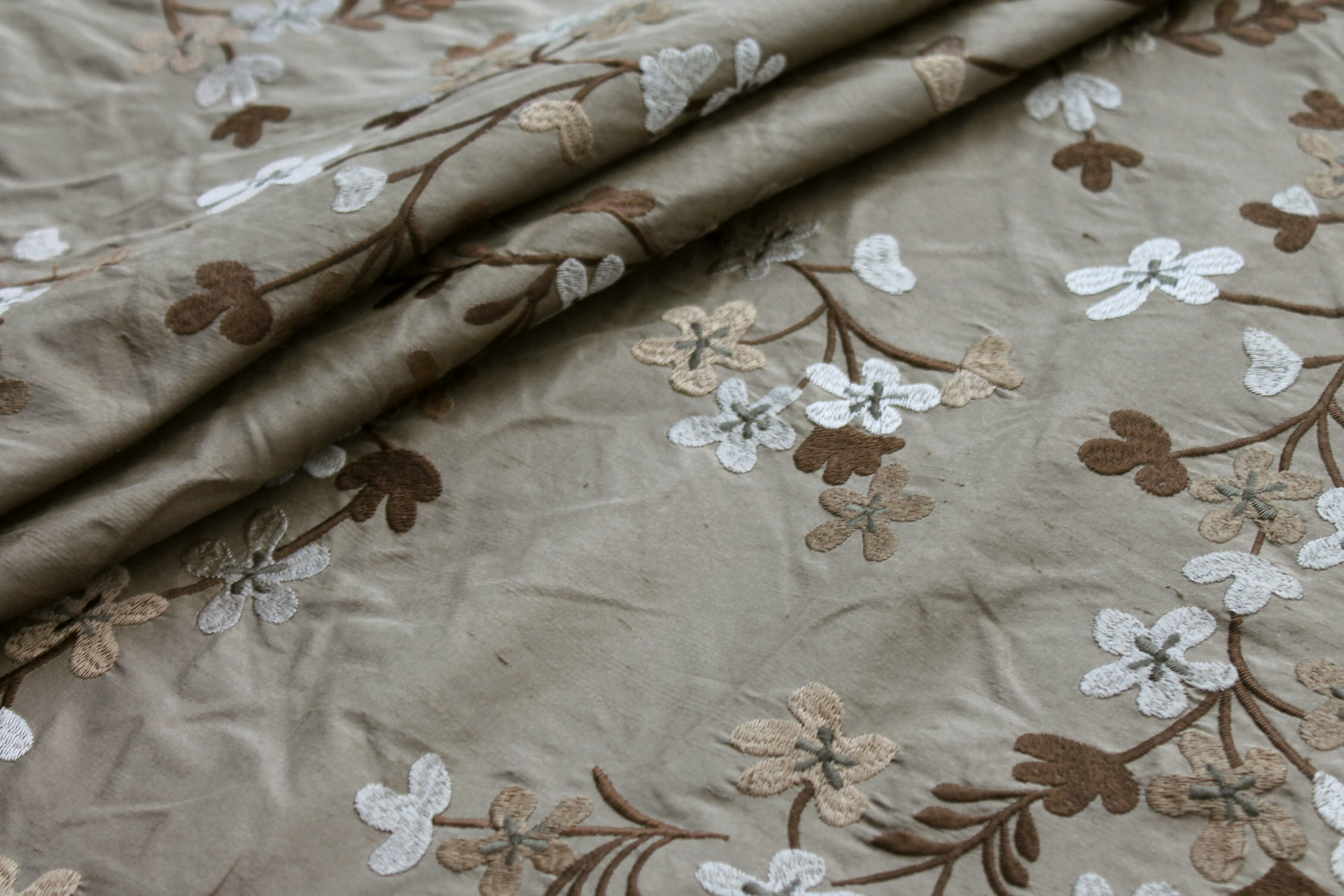 Floral Embroidered Silk Dupion - Taupe fabric, image 2 of 7