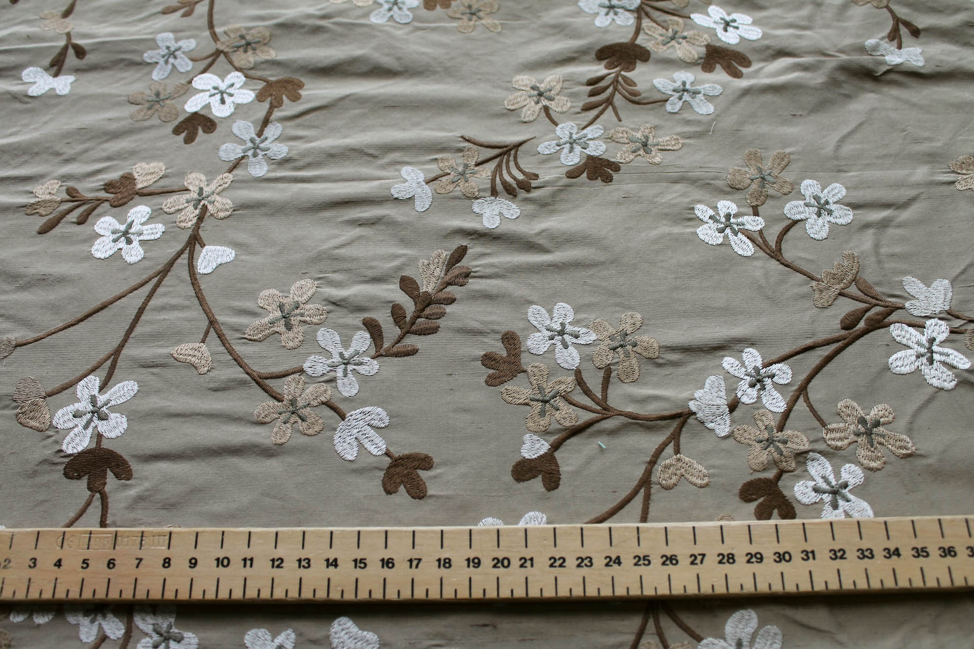 Floral Embroidered Silk Dupion - Taupe fabric, image 3 of 7