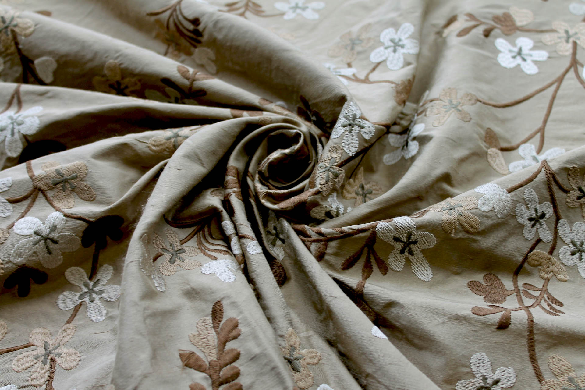 Floral Embroidered Silk Dupion - Taupe fabric