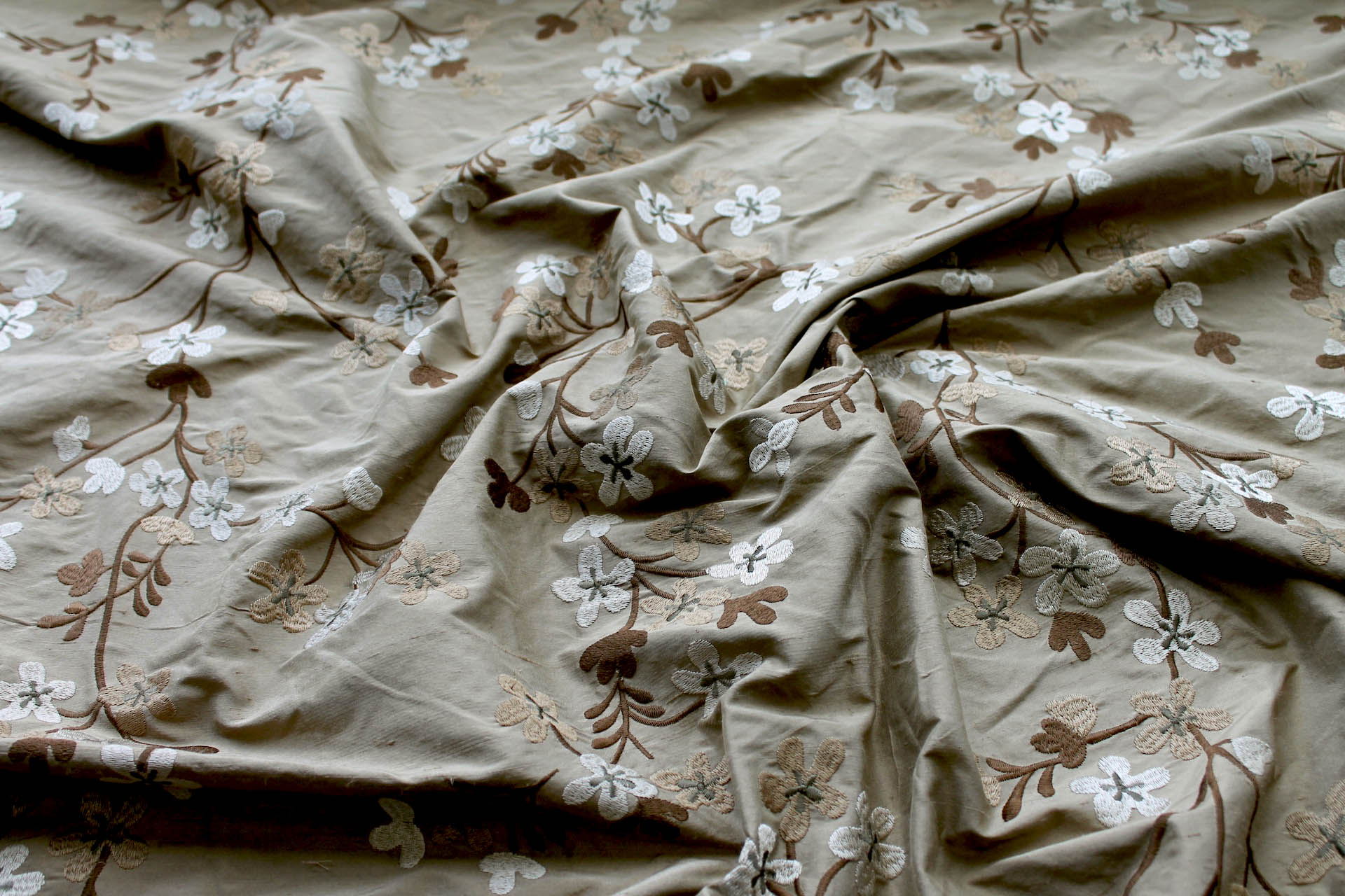 Floral Embroidered Silk Dupion - Taupe fabric, image 5 of 7