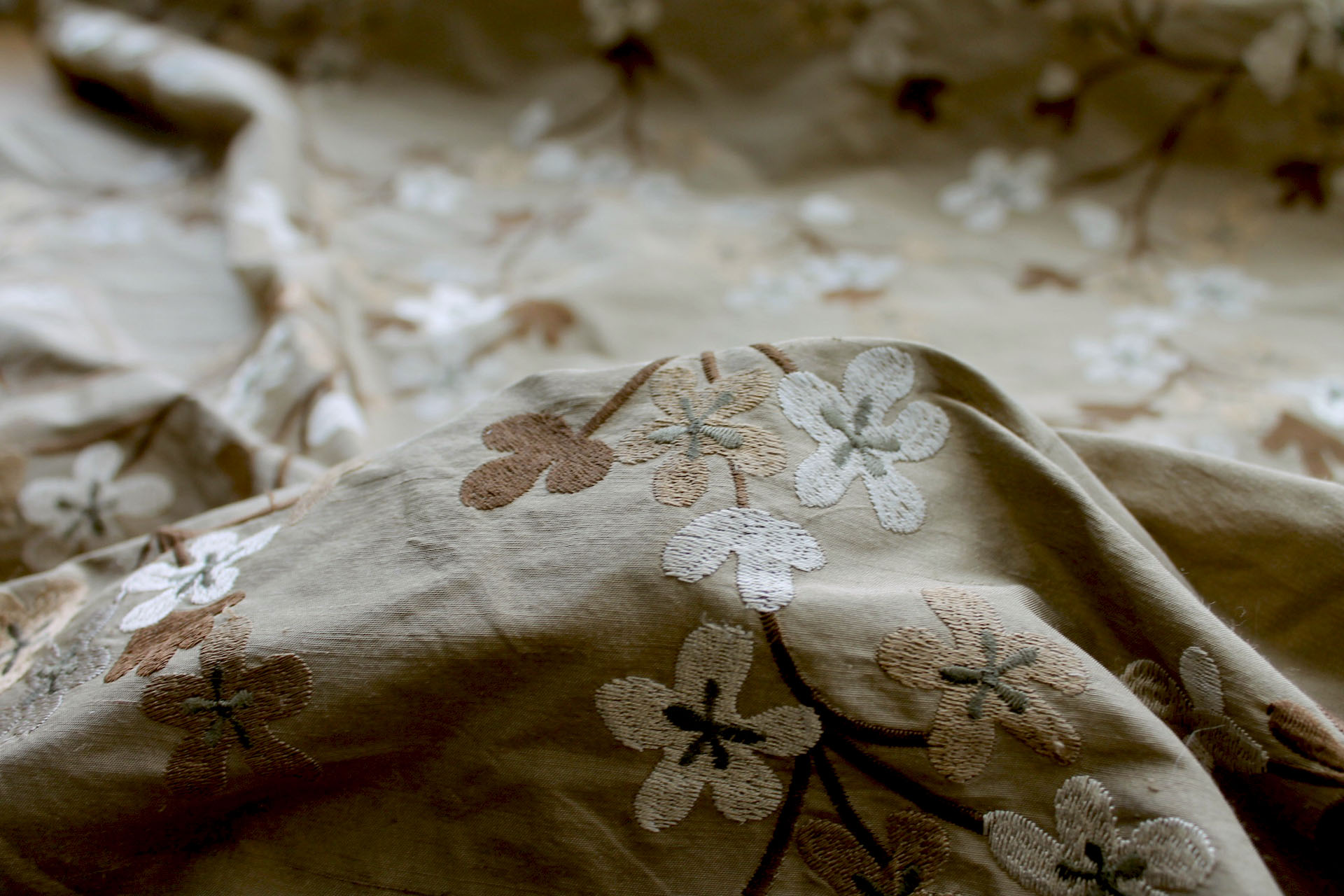 Floral Embroidered Silk Dupion - Taupe fabric, image 6 of 7