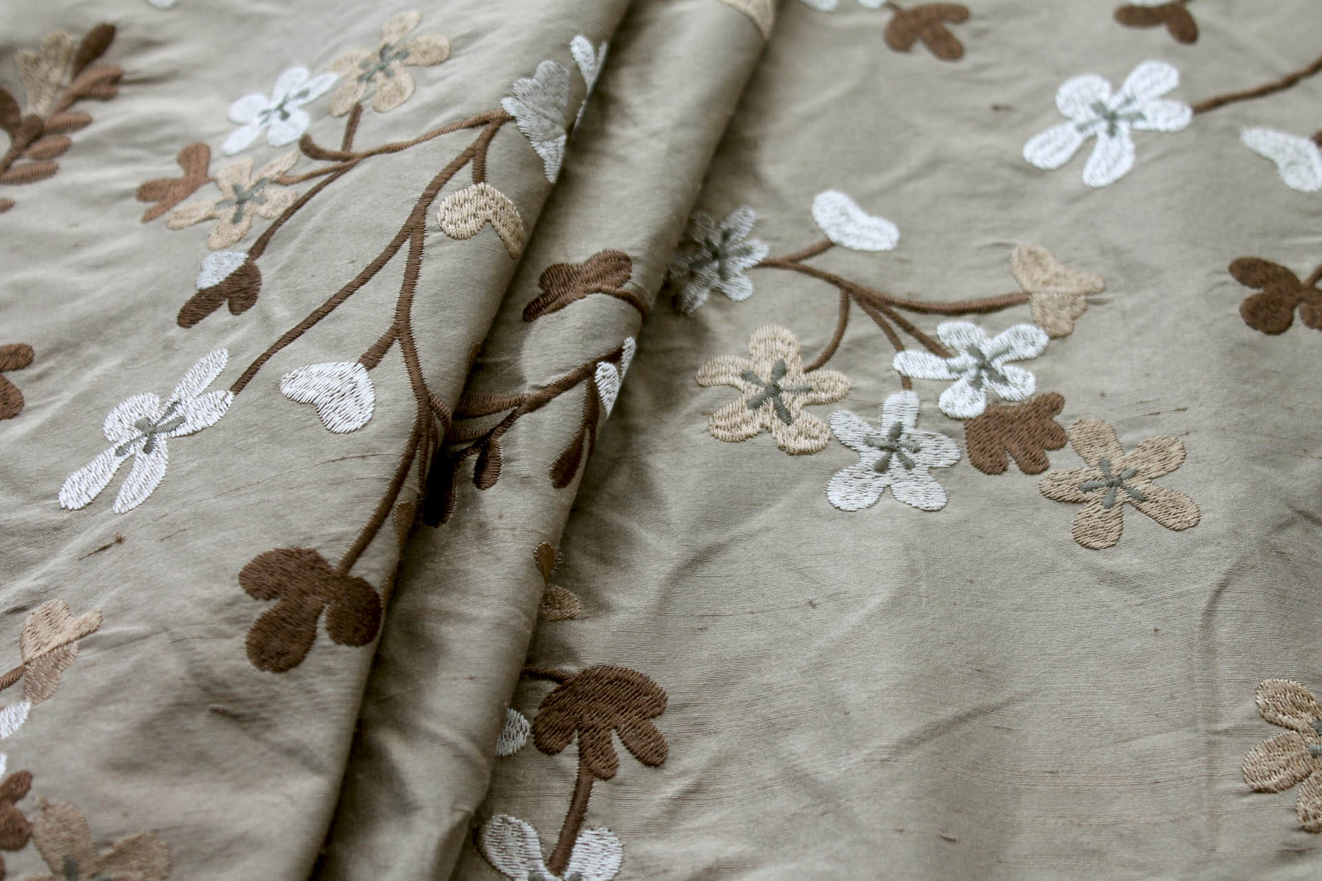 Floral Embroidered Silk Dupion - Taupe fabric, image 7 of 7