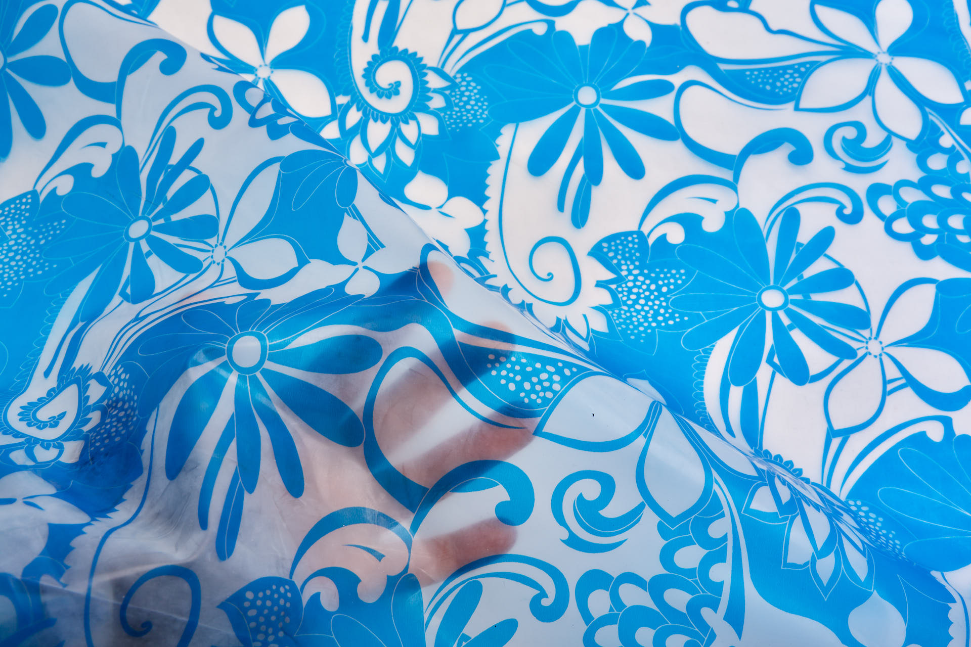 Floral Printed Clear Plastic - Blue fabric, image 5 of 7