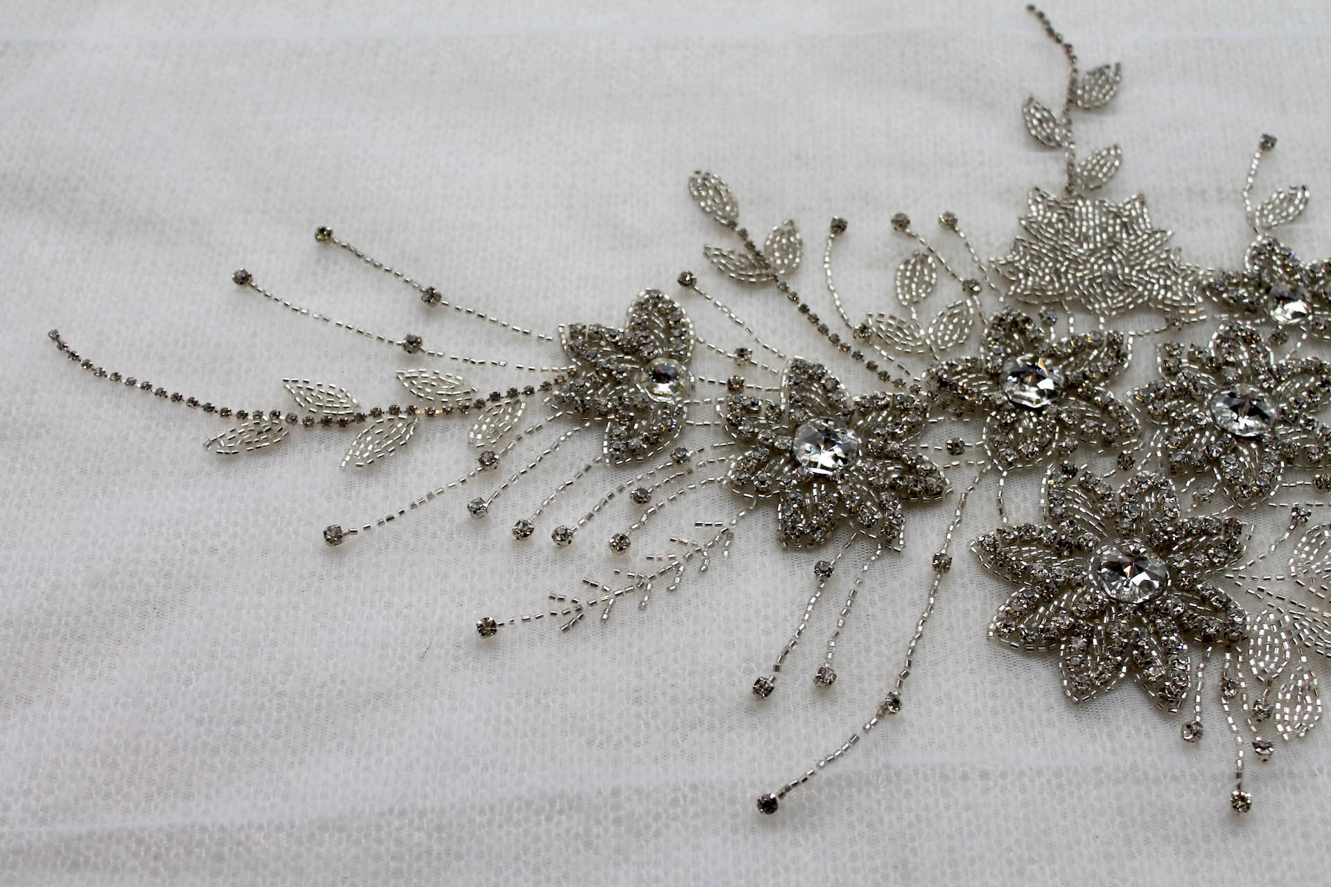 Large Floral Beaded Diamante Motif in Silver trim, image 3 of 8