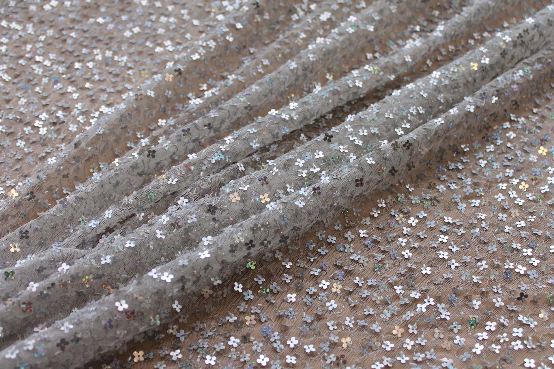 White Tulle with Silver Holographic Flower Sequins fabric, image 2 of 9