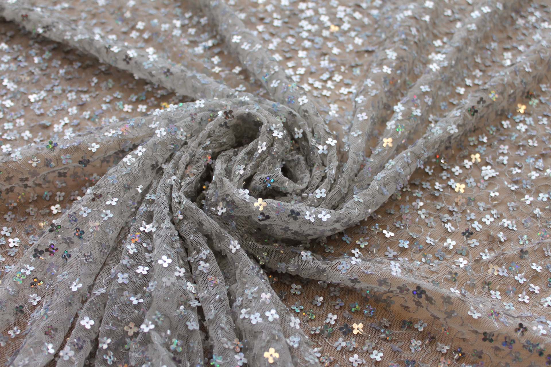 White Tulle with Silver Holographic Flower Sequins fabric