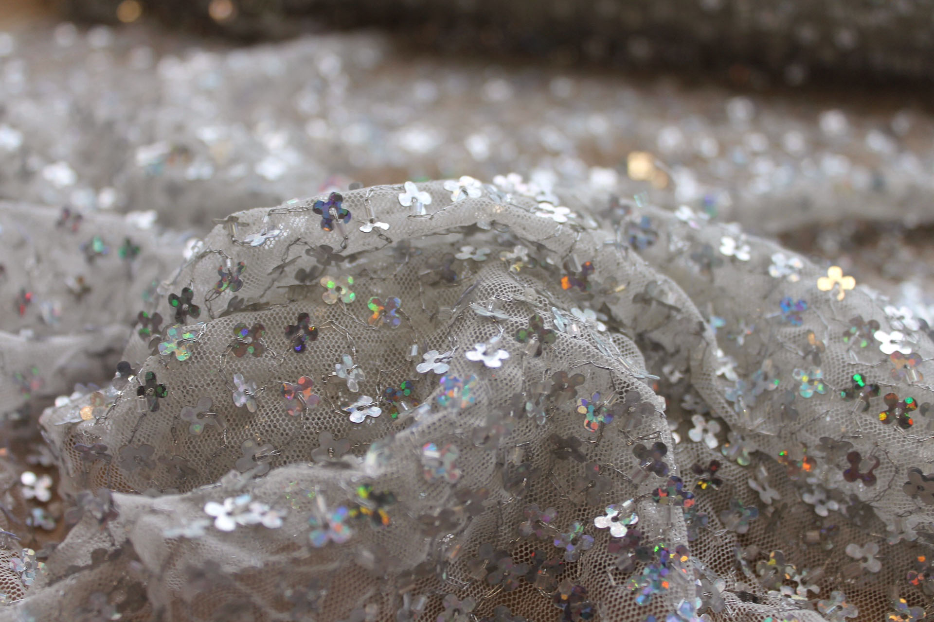White Tulle with Silver Holographic Flower Sequins fabric, image 3 of 9