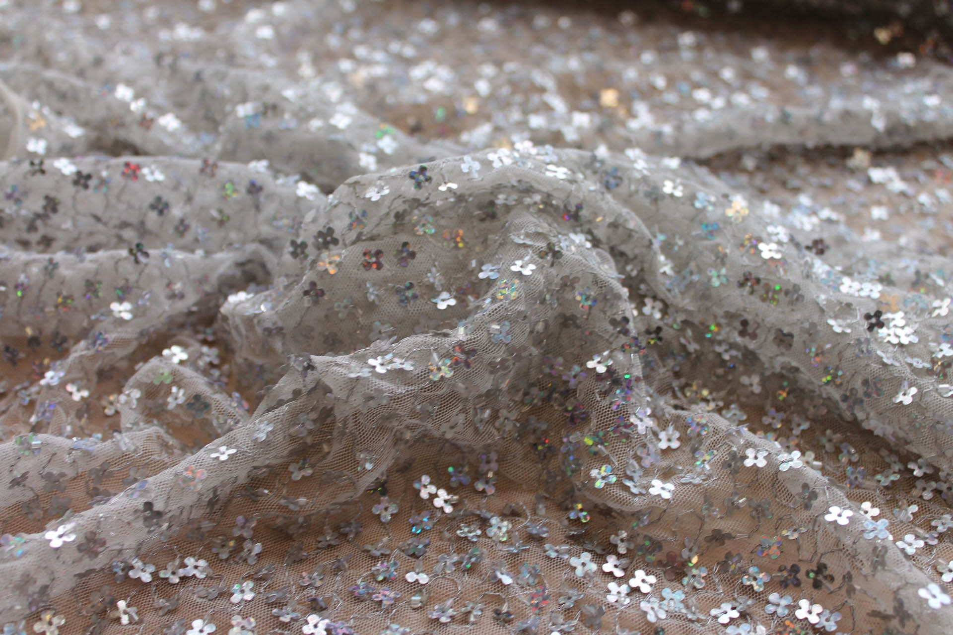 White Tulle with Silver Holographic Flower Sequins fabric, image 4 of 9