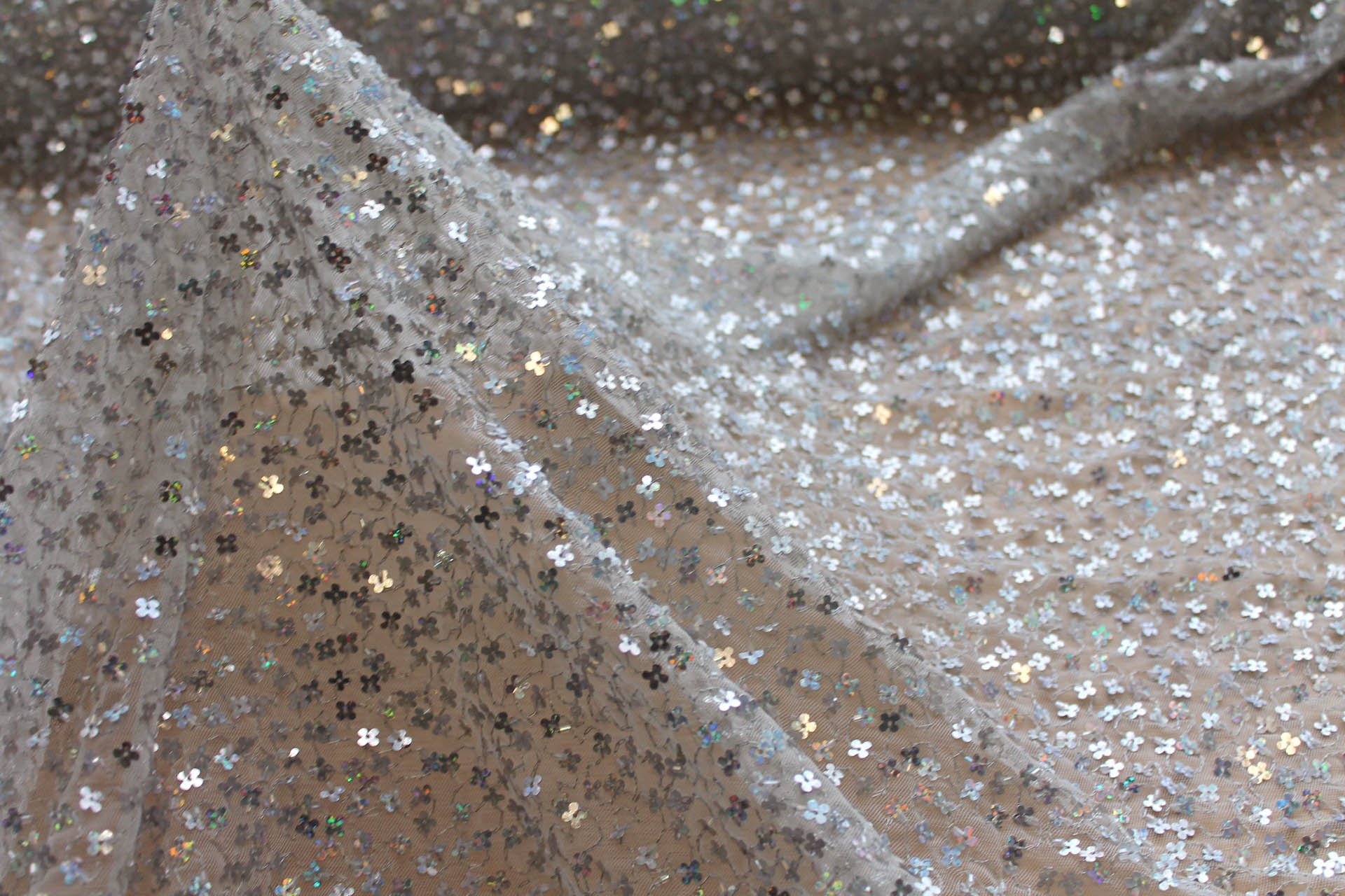 White Tulle with Silver Holographic Flower Sequins fabric, image 5 of 9