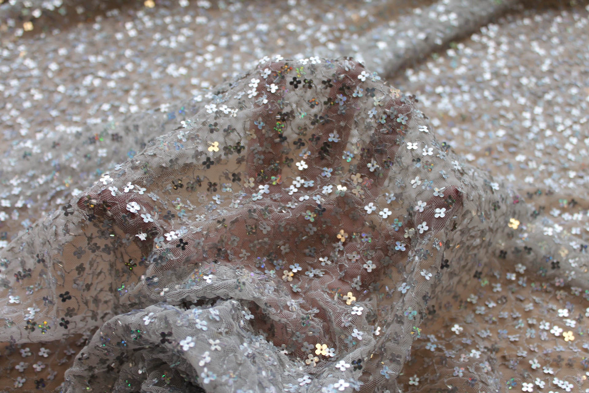 White Tulle with Silver Holographic Flower Sequins fabric, image 6 of 9