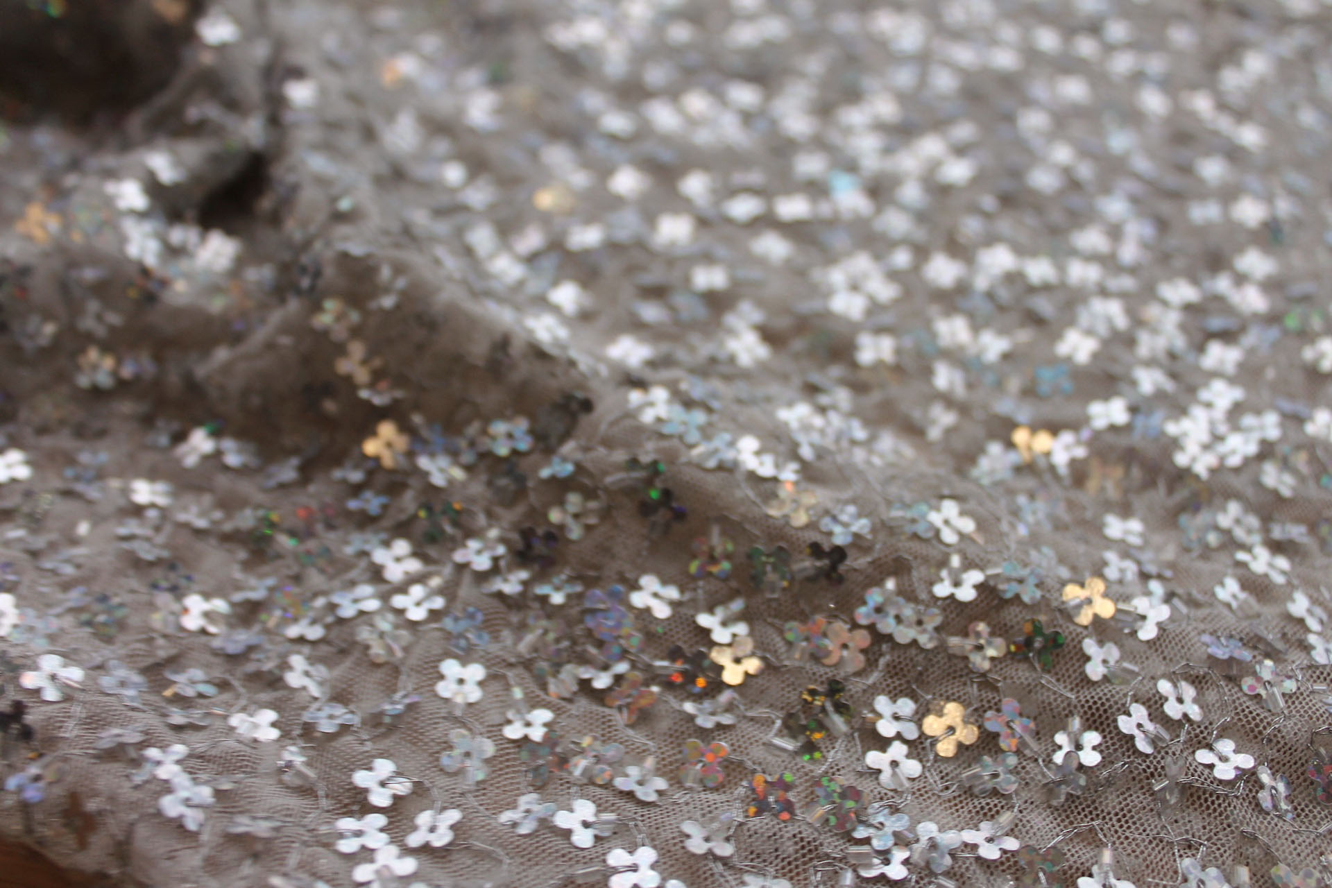 White Tulle with Silver Holographic Flower Sequins fabric, image 7 of 9