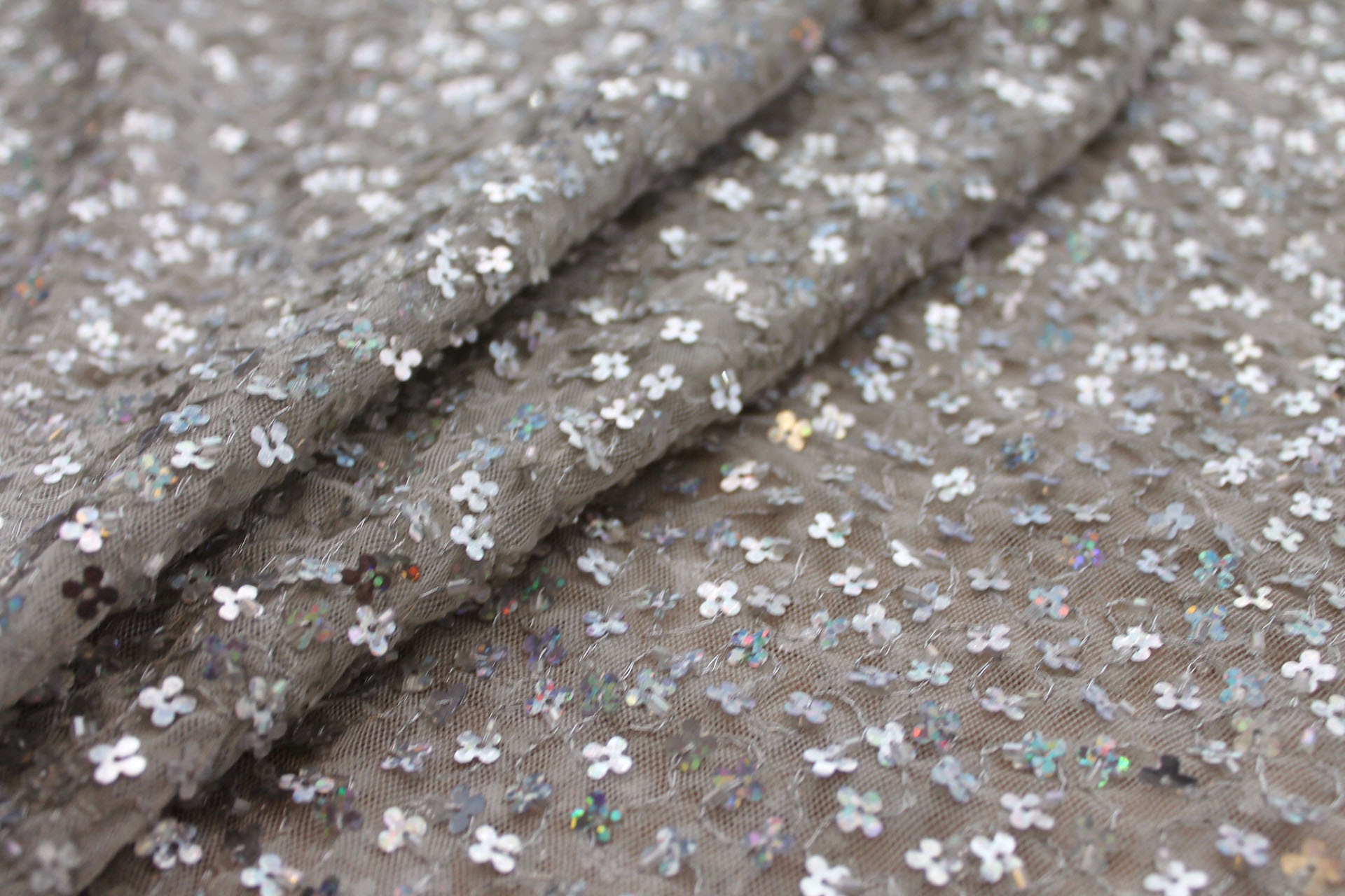 White Tulle with Silver Holographic Flower Sequins fabric, image 8 of 9