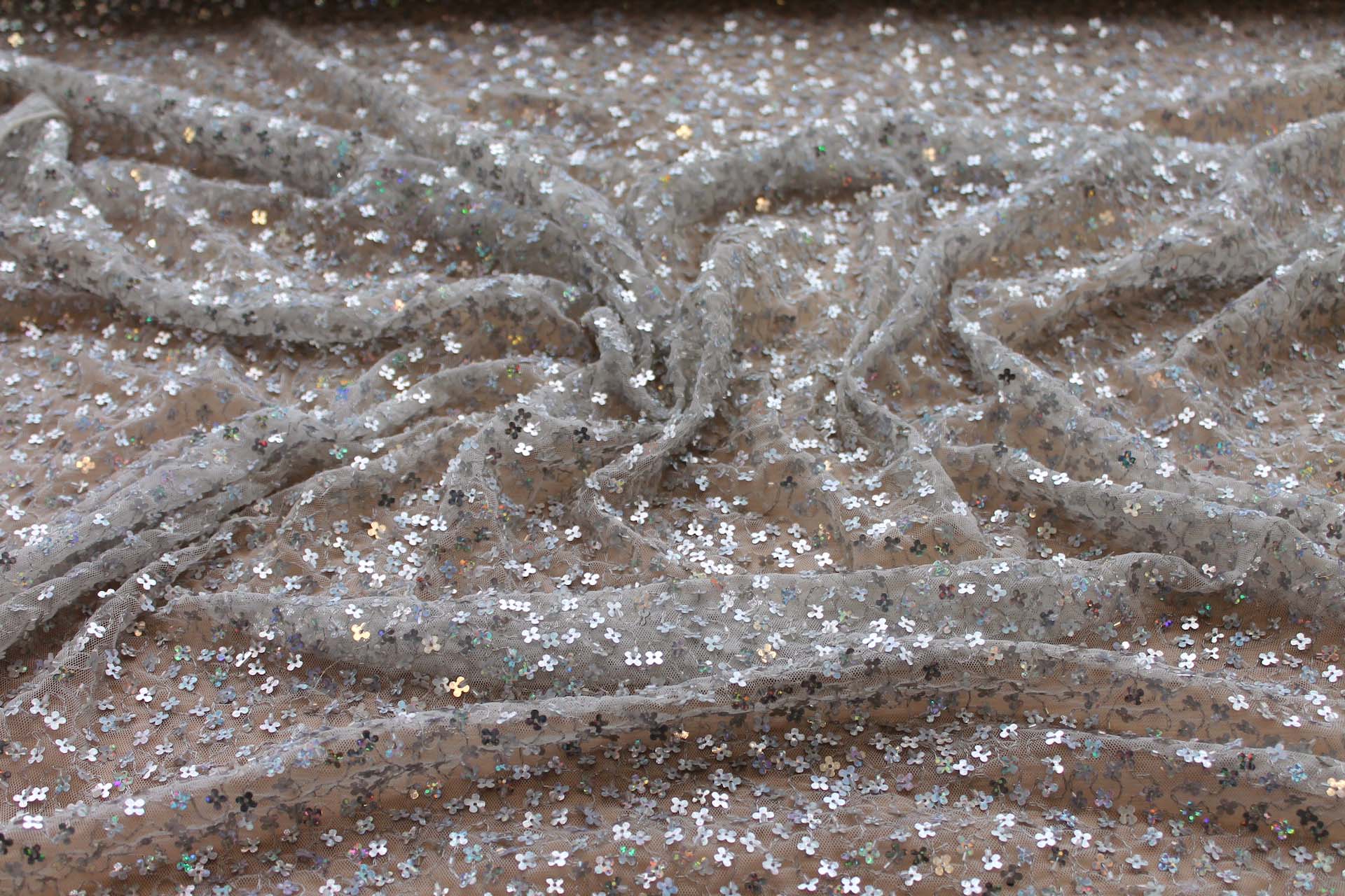 White Tulle with Silver Holographic Flower Sequins fabric, image 9 of 9