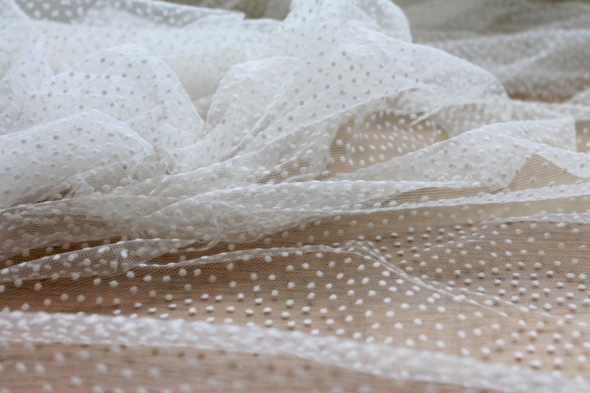 Flock Polka Dot / Spot Tulle - Ivory fabric, image 5 of 5