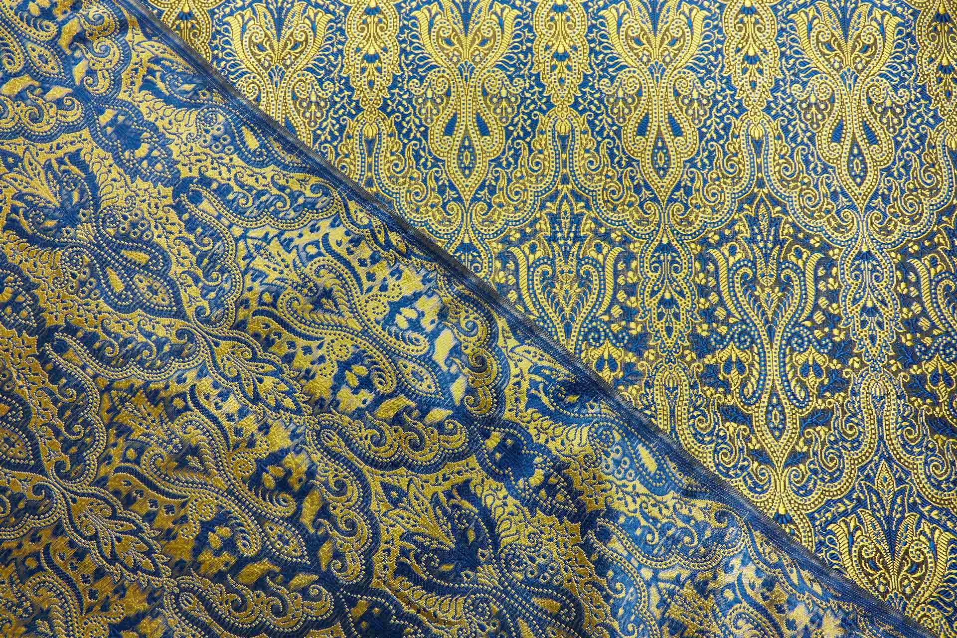 Banaras Brocade - Blue and Yellow fabric, image 7 of 10