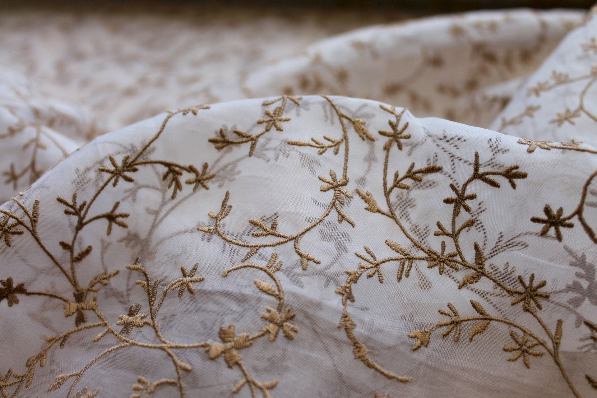 Embroidered Silk Organza - Gold Small Flowers On Ivory fabric, image 2 of 7