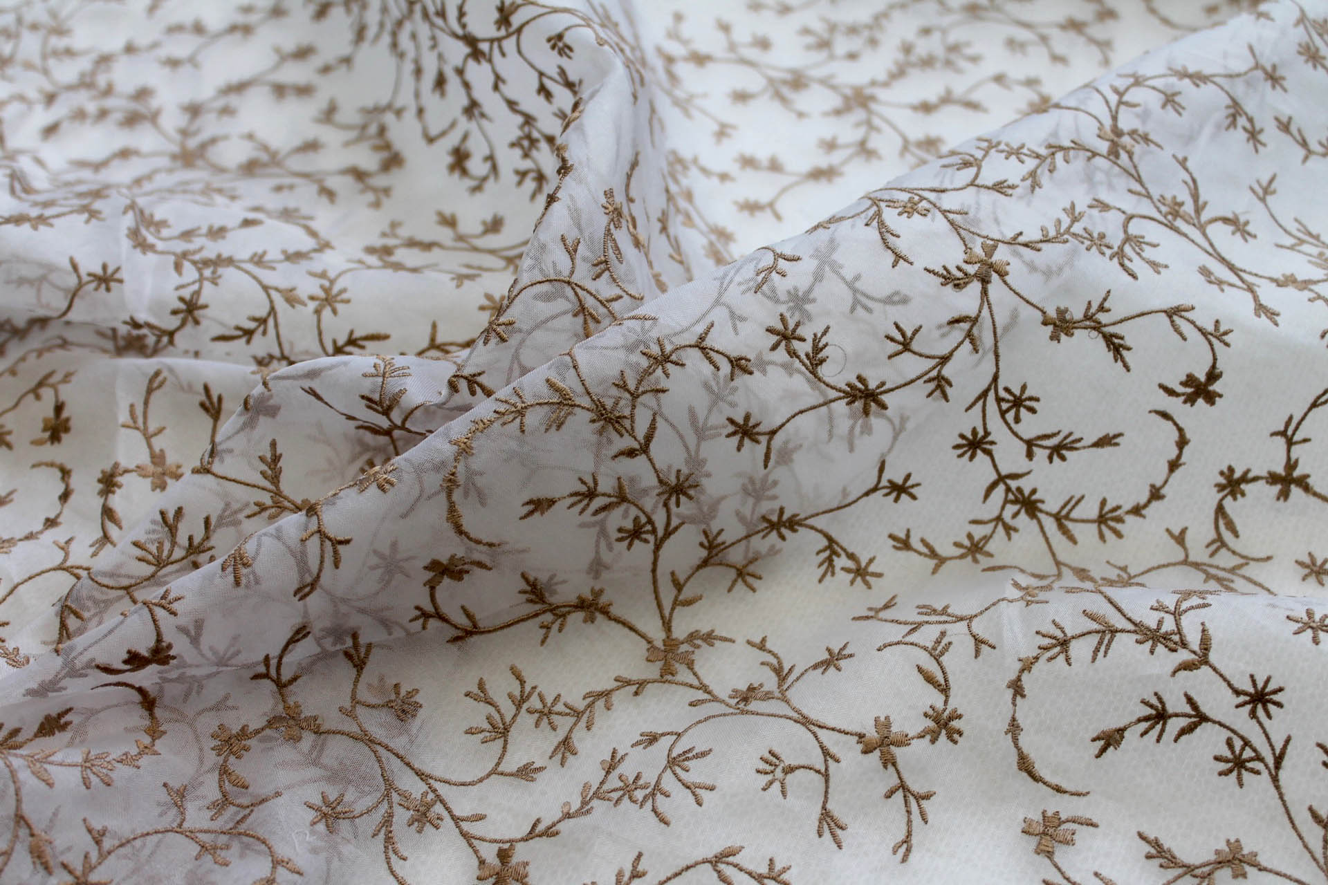 Embroidered Silk Organza - Gold Small Flowers On Ivory fabric, image 3 of 7