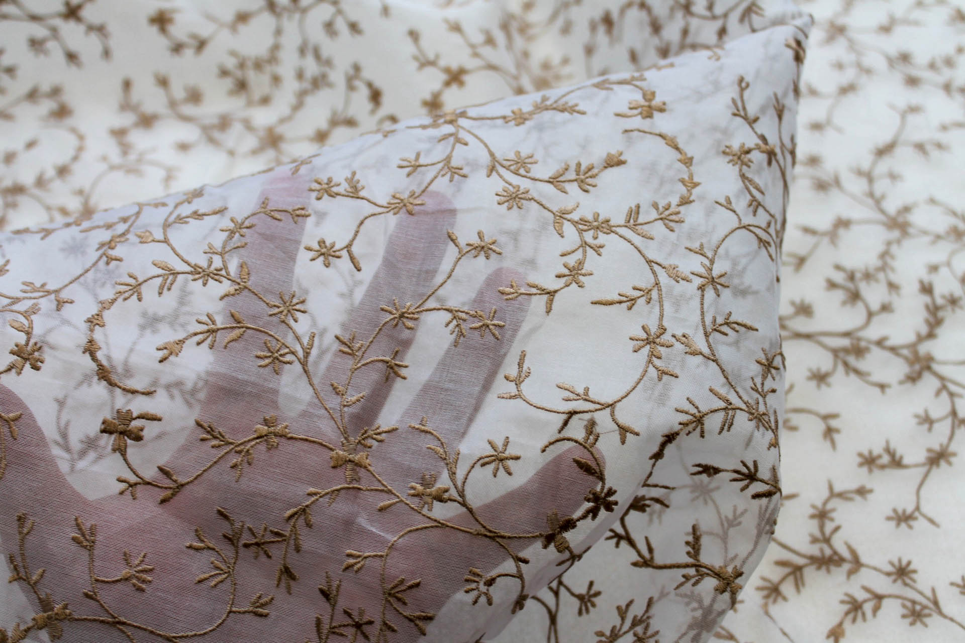 Embroidered Silk Organza - Gold Small Flowers On Ivory fabric, image 4 of 7
