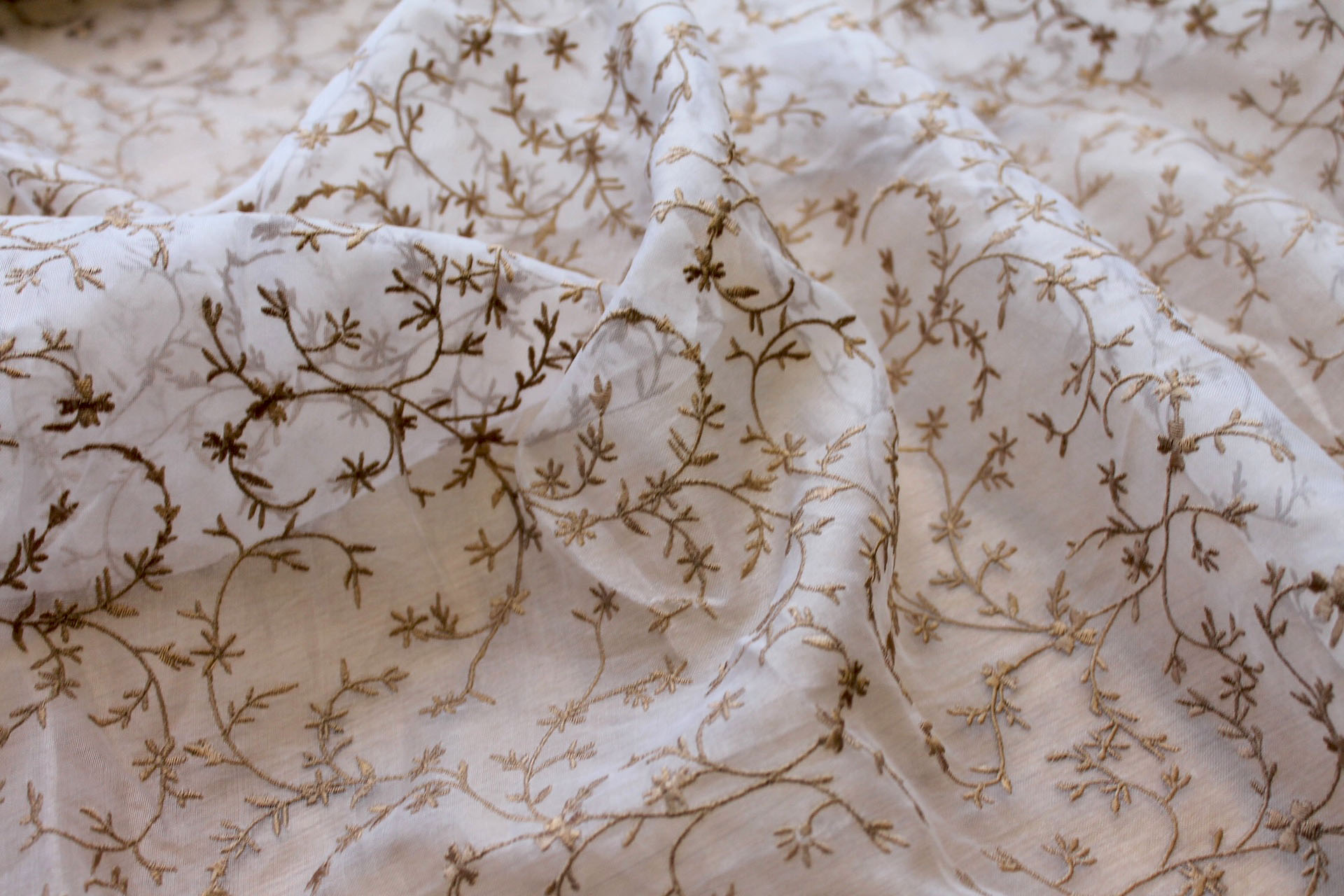 Embroidered Silk Organza - Gold Small Flowers On Ivory fabric, image 6 of 7