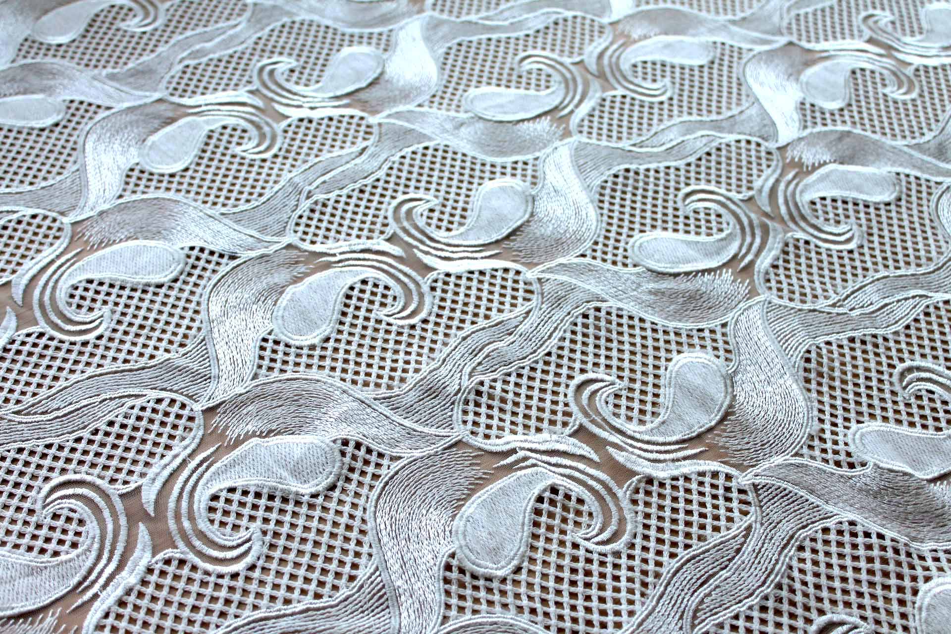 Embroidered Modern Pattern on Tulle - Ivory fabric, image 2 of 8