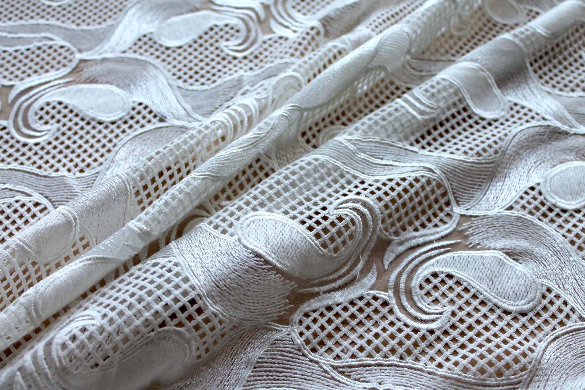 Embroidered Modern Pattern on Tulle - Ivory fabric