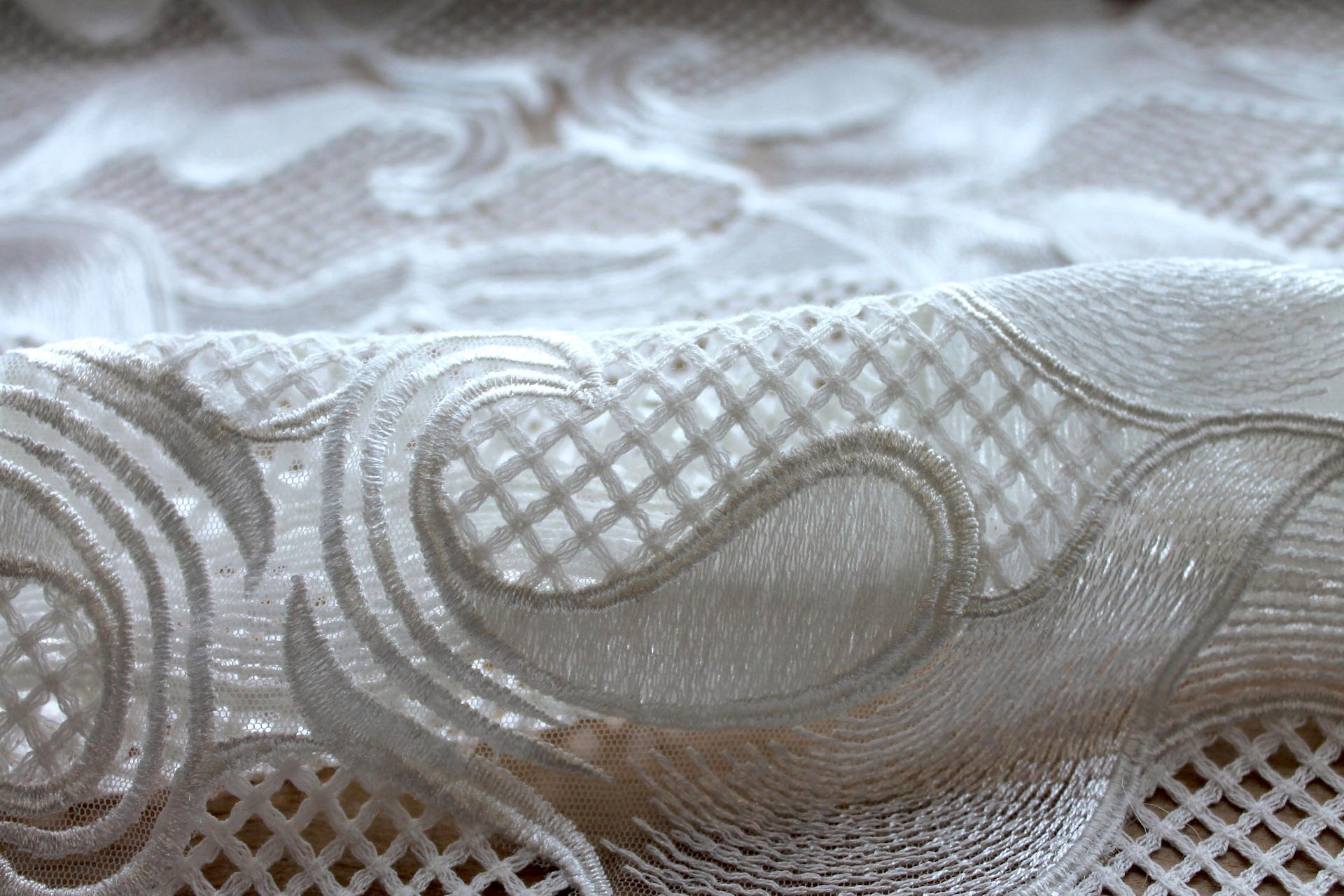 Embroidered Modern Pattern on Tulle - Ivory fabric, image 8 of 8