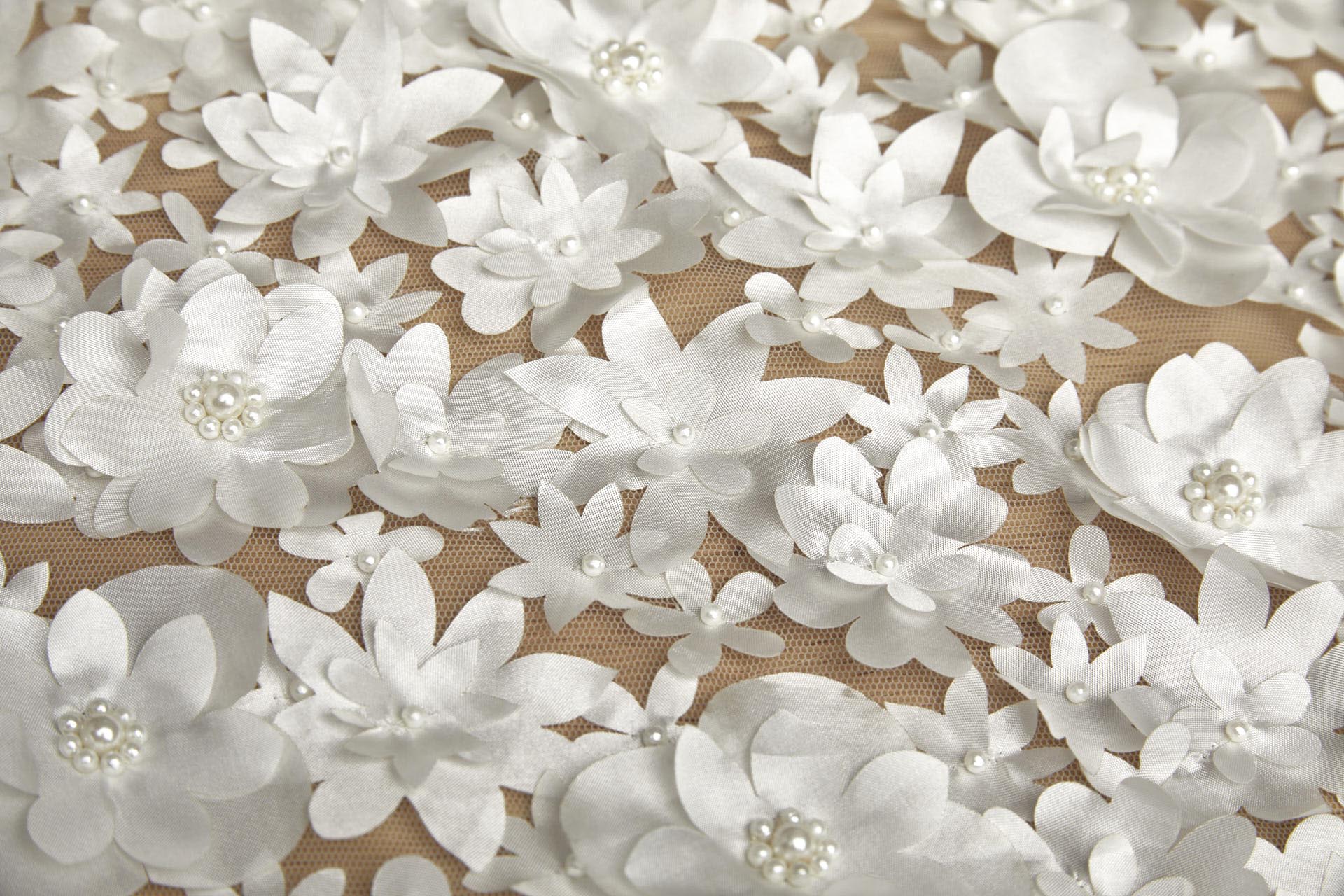 3D Cut Out Flowers with Pearls on Tulle - Ivory fabric