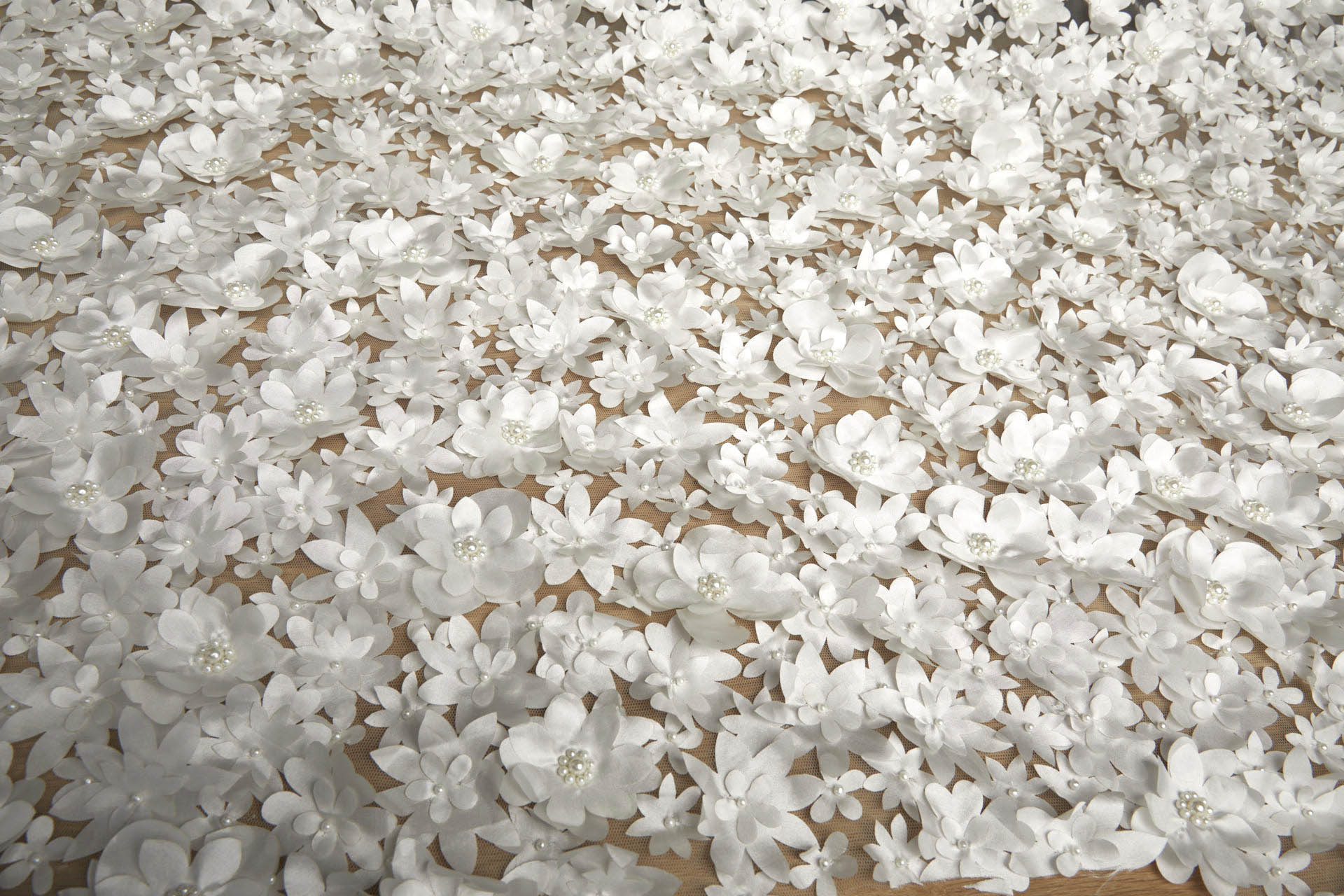 3D Cut Out Flowers with Pearls on Tulle - Ivory fabric, image 2 of 6
